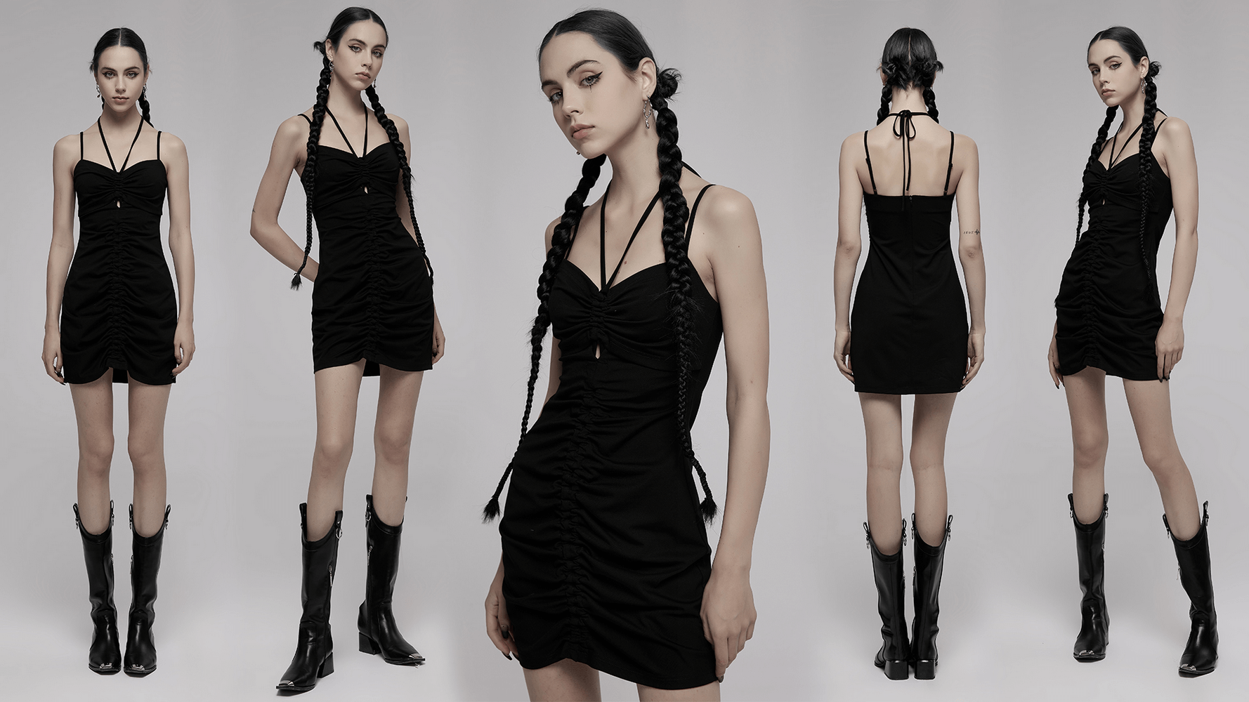 Black gothic drawstring bodycon mini dress showcasing curves, versatile style with adjustable fit and elegant lines.