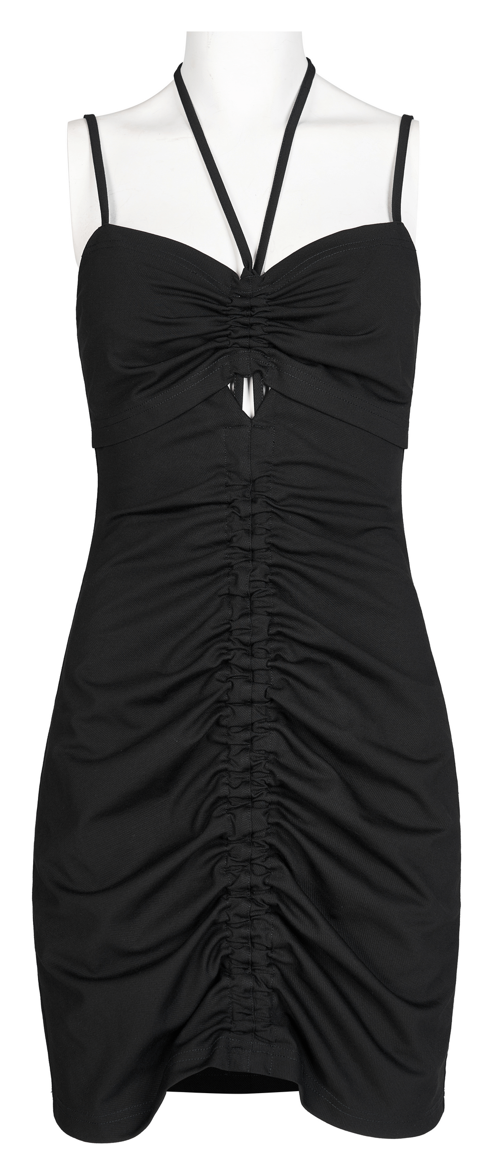 Sexy black halter neck drawstring bodycon mini dress with adjustable front fit, perfect for a gothic chic look.