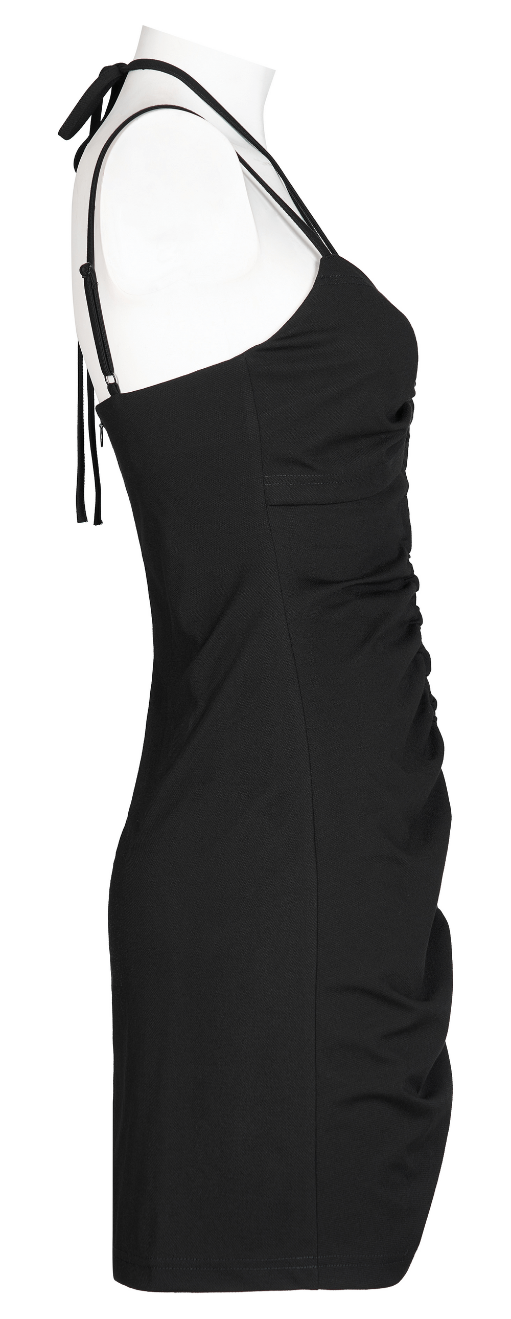 Sexy black halter neck drawstring bodycon mini dress showcasing gothic style and modern versatility.