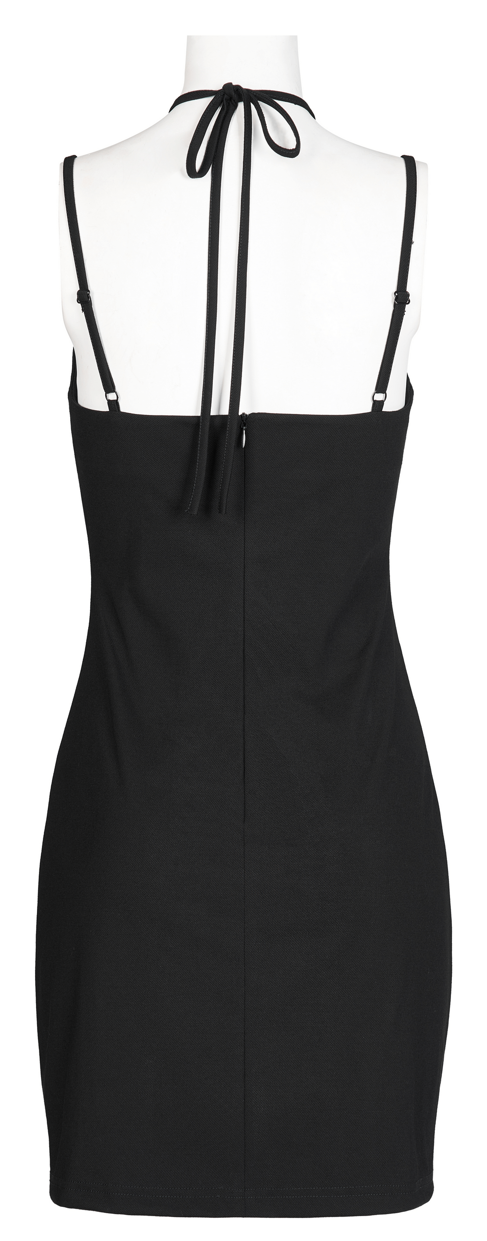Back view of a sexy black halter neck drawstring bodycon mini dress, showcasing adjustable straps and sleek design.
