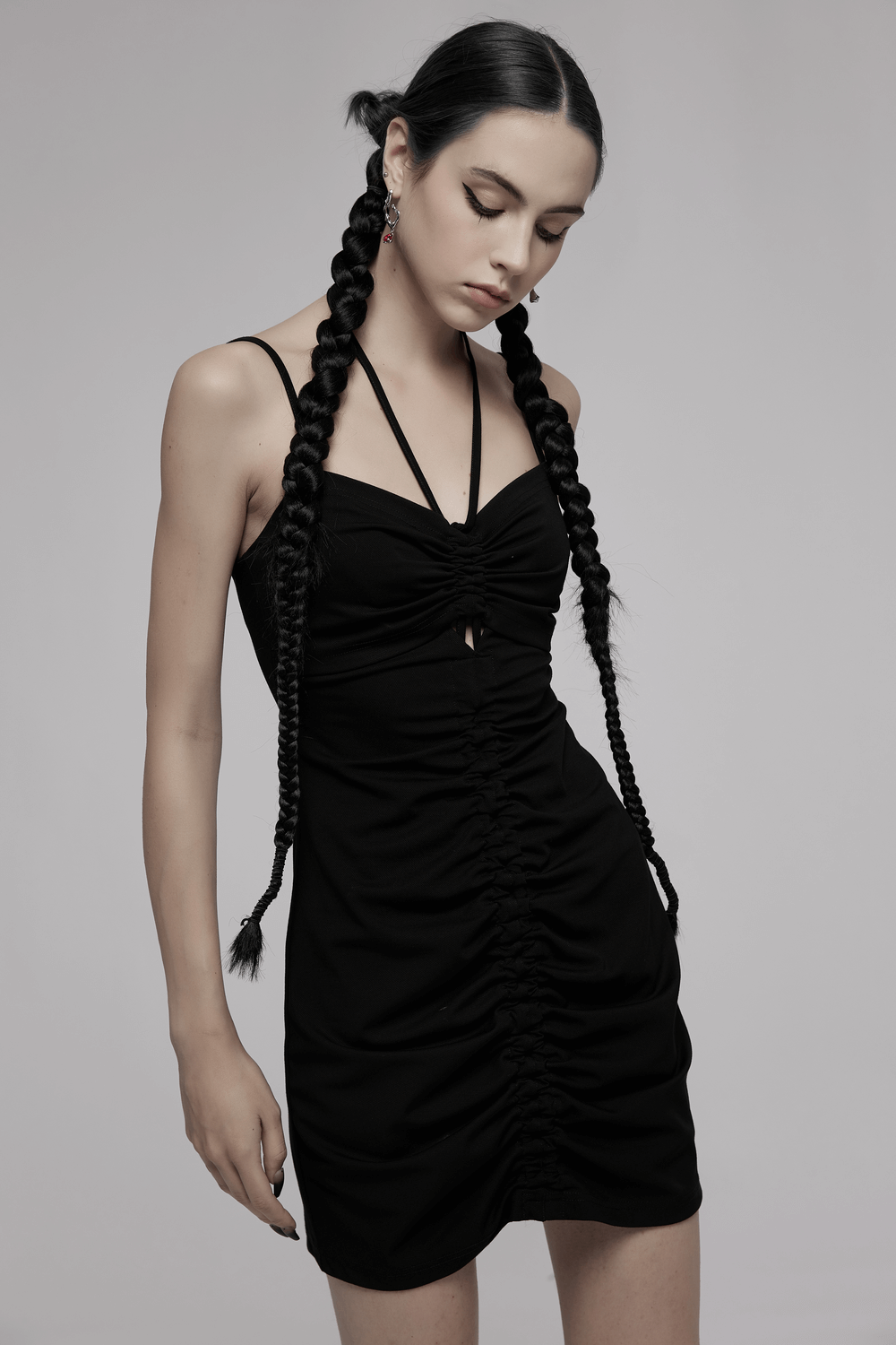 Gothic sexy women's halter neck drawstring bodycon mini dress in black, showcasing adjustable fit and stylish design.