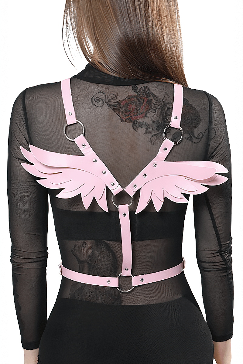 Pink angel wings harness belt in gothic style on black mesh outfit, perfect for cosplay, festival, or unique fashion statement.