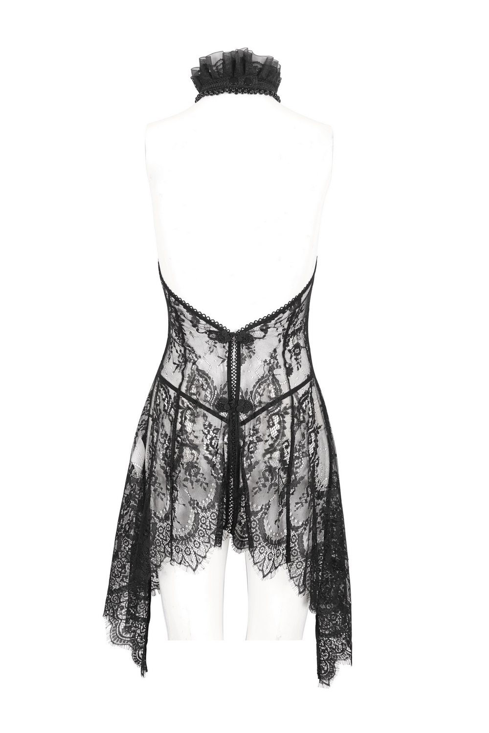 Back view of sexy women's lace backless lingerie set with an irregular hem and halter neck design in elegant black.