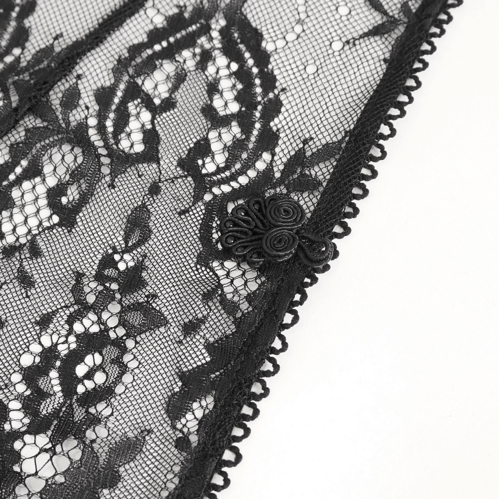 Intricate black lace fabric with floral patterns and delicate trim, showcasing elegance and allure in women's lingerie.
