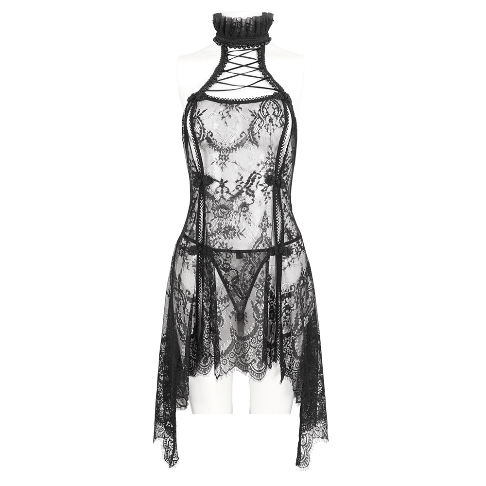 Alluring black lace backless lingerie set with halter neck and irregular hem, perfect for adding elegance to intimate moments.