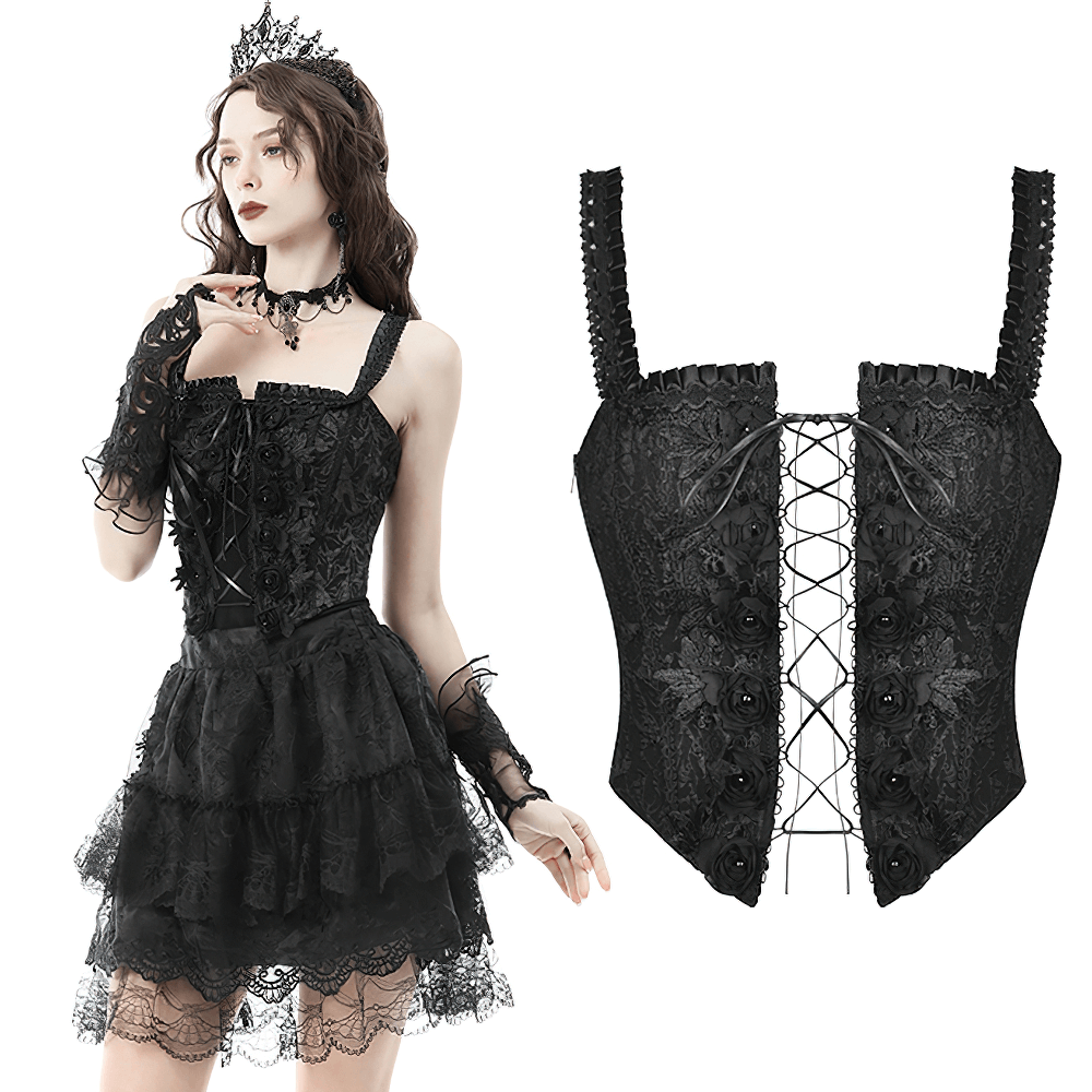 Sexy black lace-up corset with floral detailing, featuring a backless design and gothic elegance.