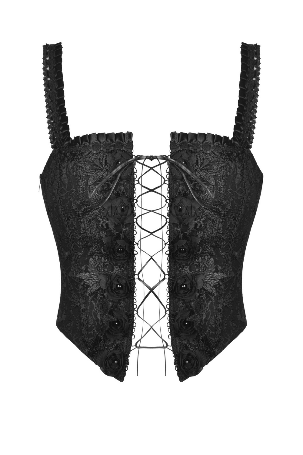 Elegant black lace-up corset with bead detailing and floral accents, perfect for gothic-inspired outfits.