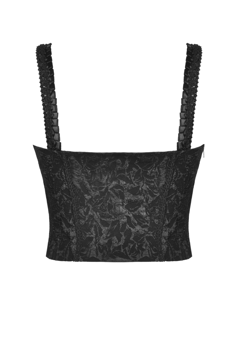 Back view of a sexy black lace-up corset with bead detailing and straps, perfect for a gothic-inspired outfit.