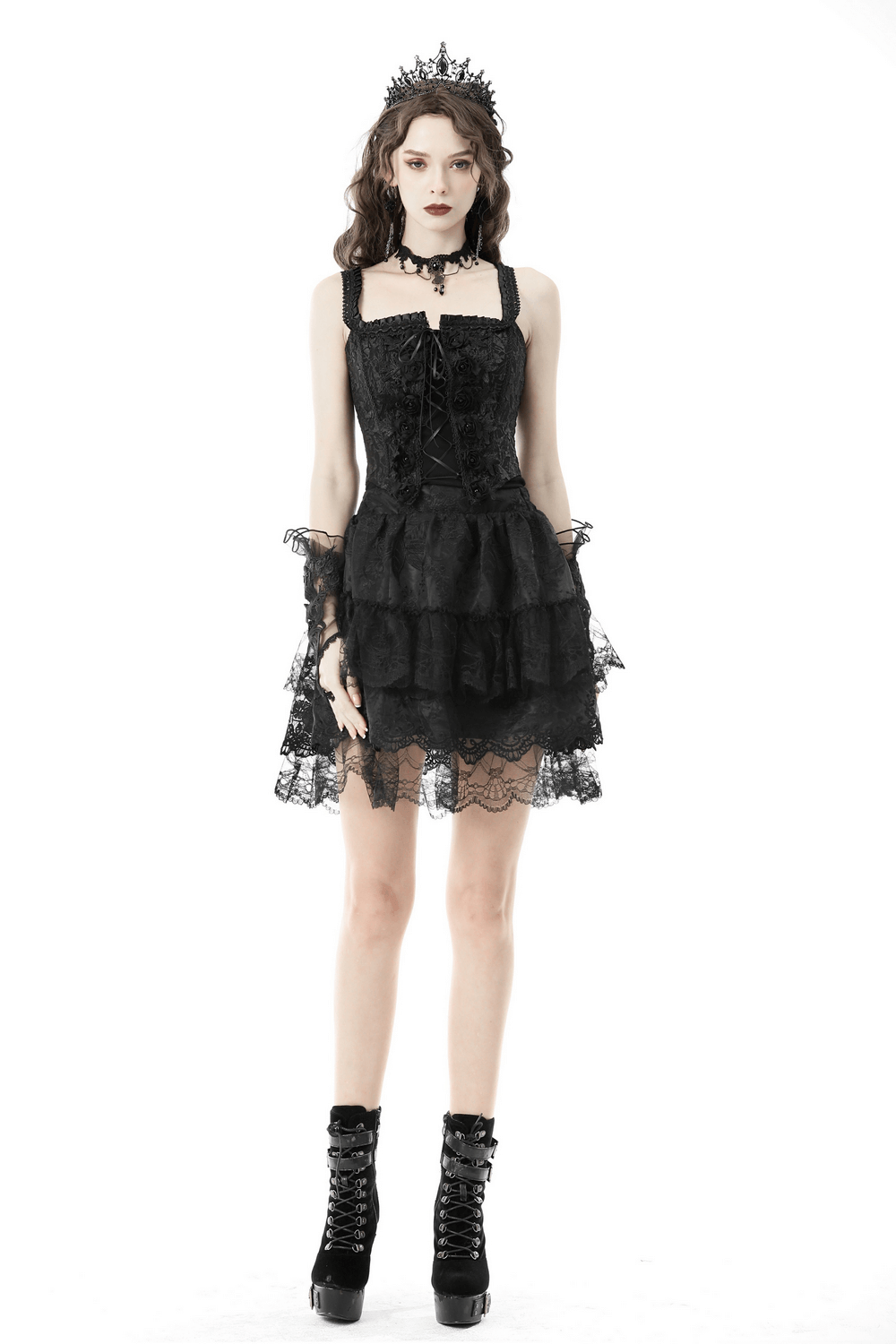 Gothic black lace-up corset dress with layered skirt and lace detailing, perfect for edgy styles.