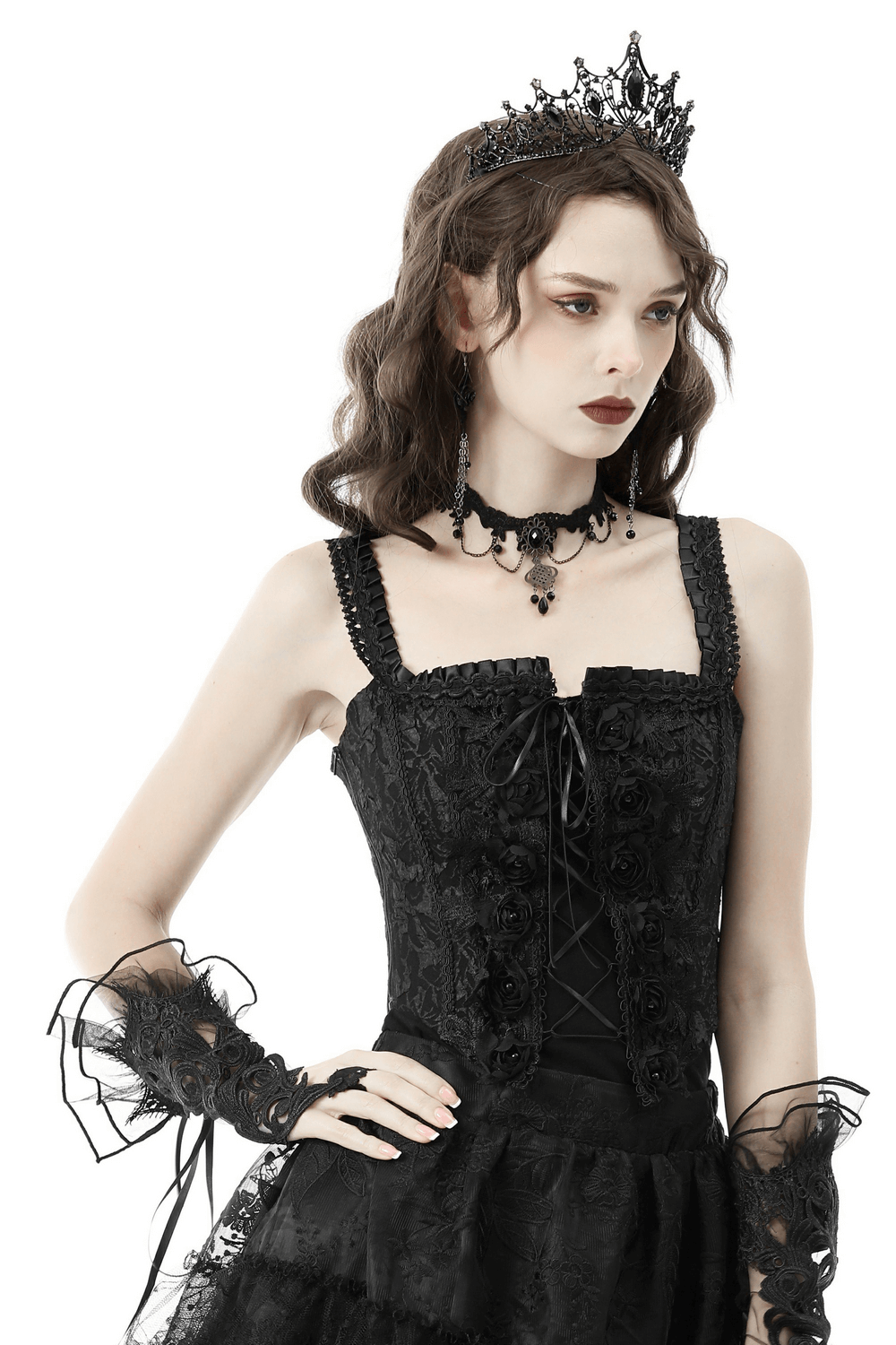 Elegant black lace-up corset top for women, featuring sweetheart neckline and gothic-inspired design.