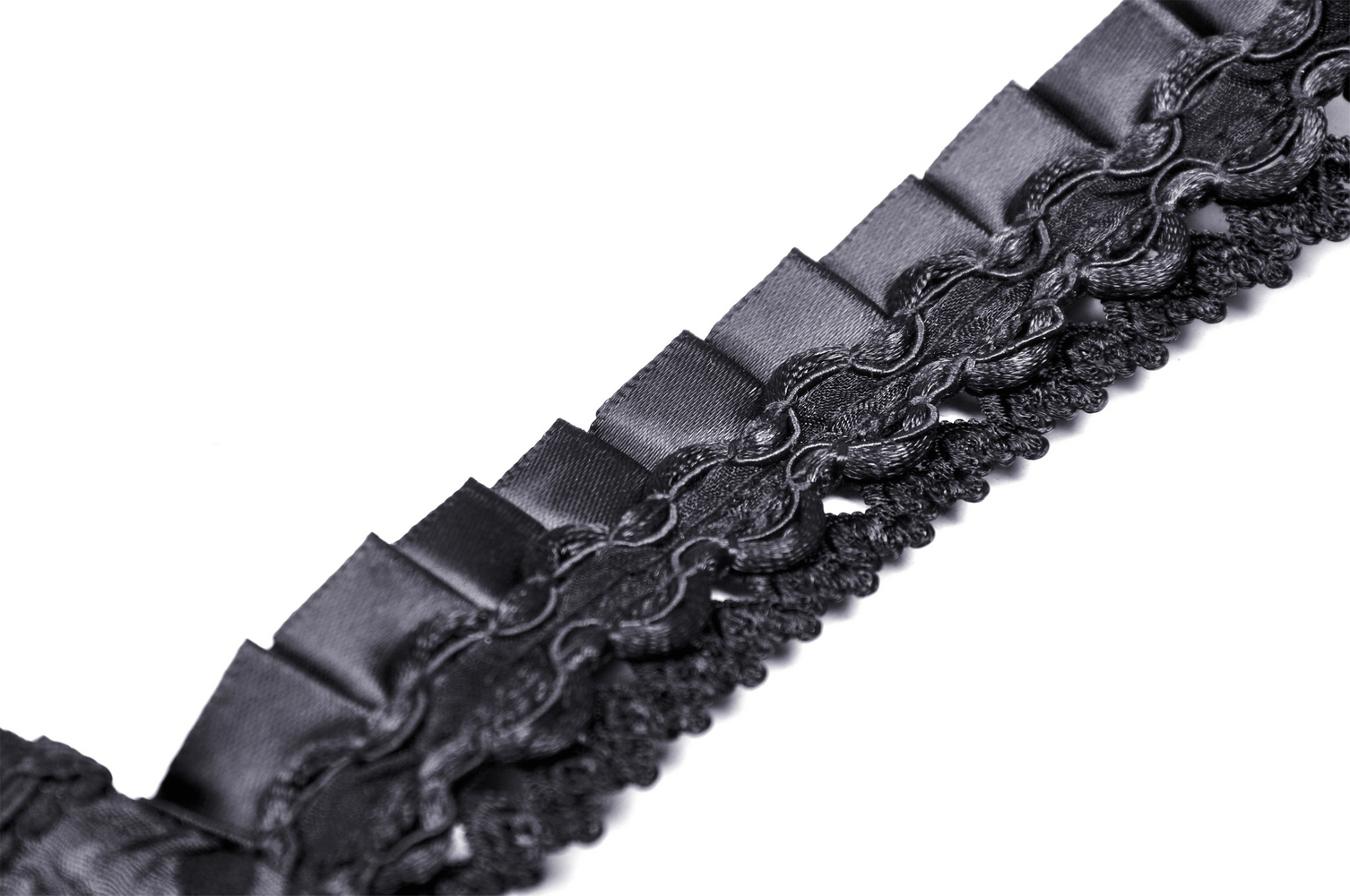 Close-up of elegant black lace trim detailing, perfect for corsets and vintage-inspired fashion.