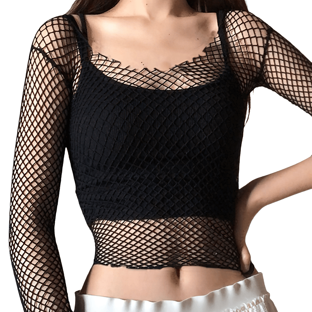 Sexy Women's Long Sleeve Crop Top / Female Rock Style Mesh Top / Women's Backless Crop Top - HARD'N'HEAVY