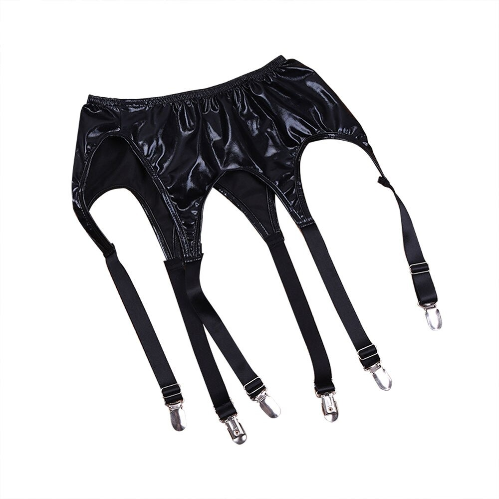 Sexy Women's Patent Leather Garter Panty / Ladies Panty with High Wais Clip Suspender - HARD'N'HEAVY