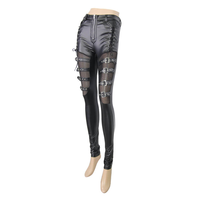 Punk style women's PU leather high waisted slim fit pants with straps and mesh inserts, perfect for stylish outfits.