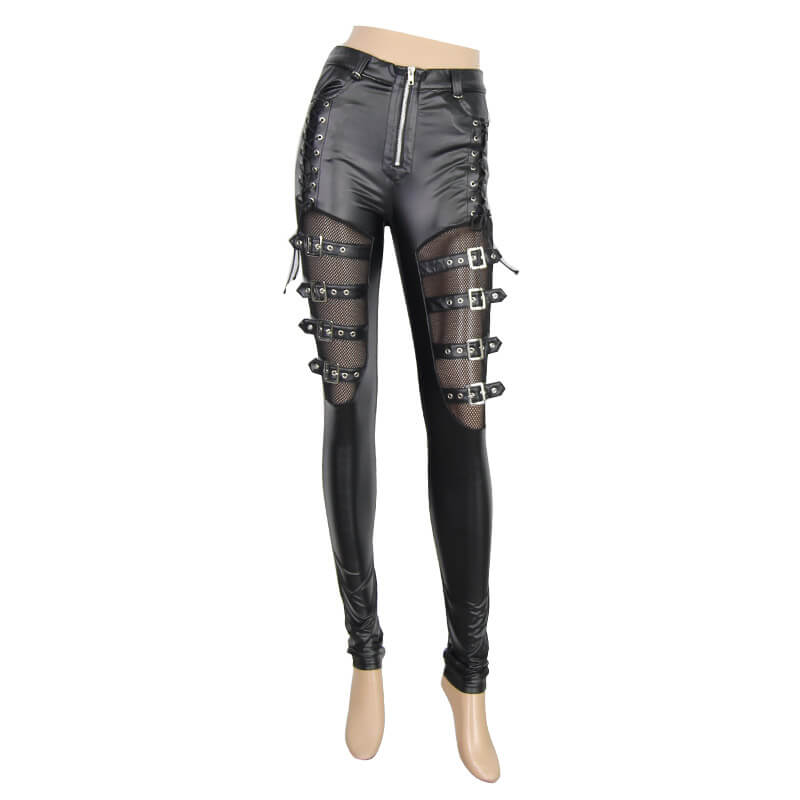 Sexy women's high waisted PU leather pants with gothic mesh details and straps, perfect for punk style outfits.