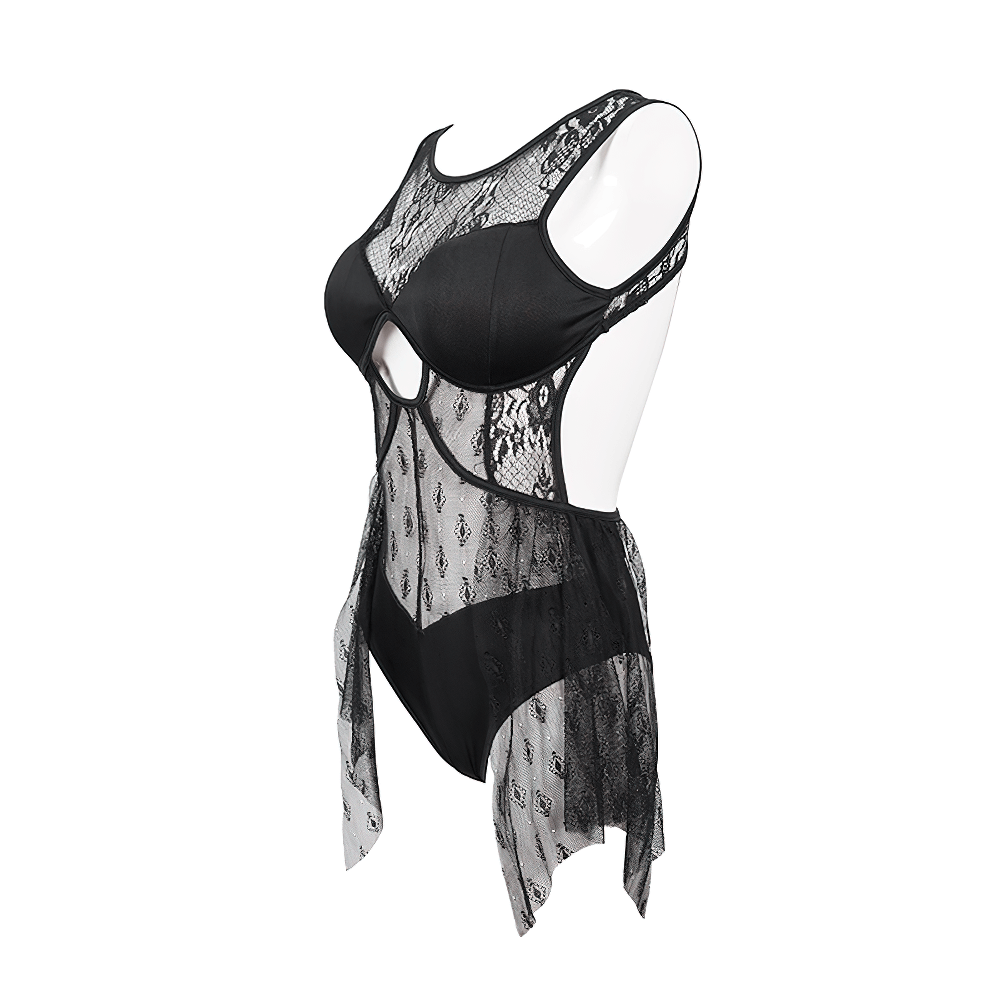 Alluring black sheer lace bodysuit with lace-up back, perfect for stylish layering and creating a stunning silhouette.