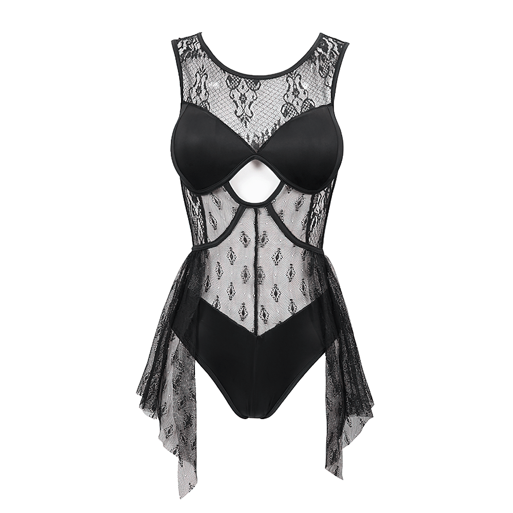 Alluring black sheer lace bodysuit with lace-up back, perfect for stylish layering and creating a stunning silhouette.
