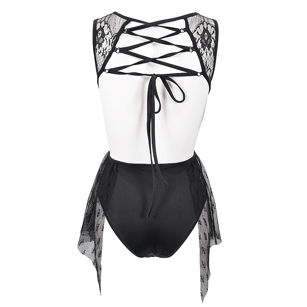 Stylish black sheer lace bodysuit with lace-up back detail, perfect for a sophisticated and alluring look.