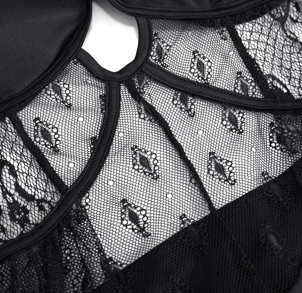 Detail of a sexy black sheer lace bodysuit showcasing intricate lace patterns and elegant satin trim.