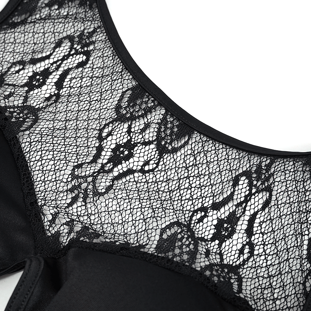 Close-up of a sexy black sheer lace bodysuit featuring intricate lace detailing for a sophisticated look.