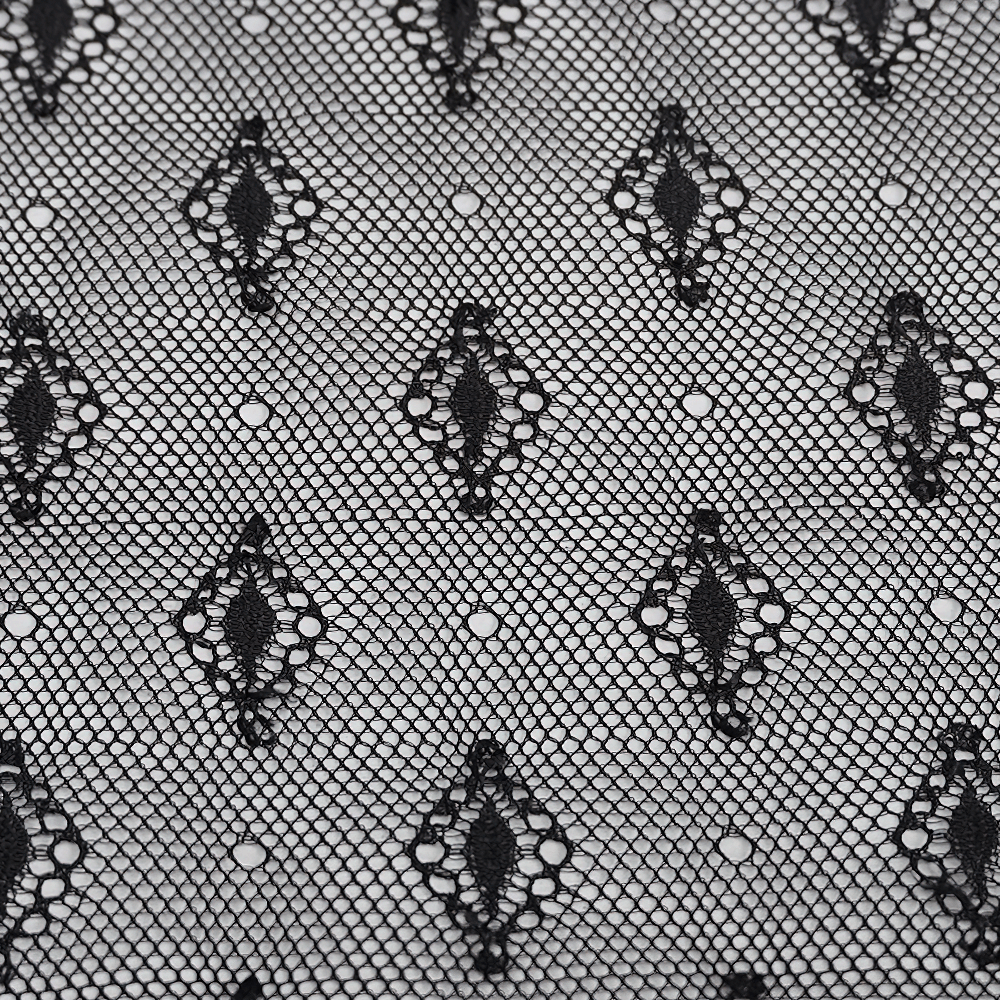Close-up of intricate black sheer lace fabric with elegant diamond patterns for stylish fashion designs.