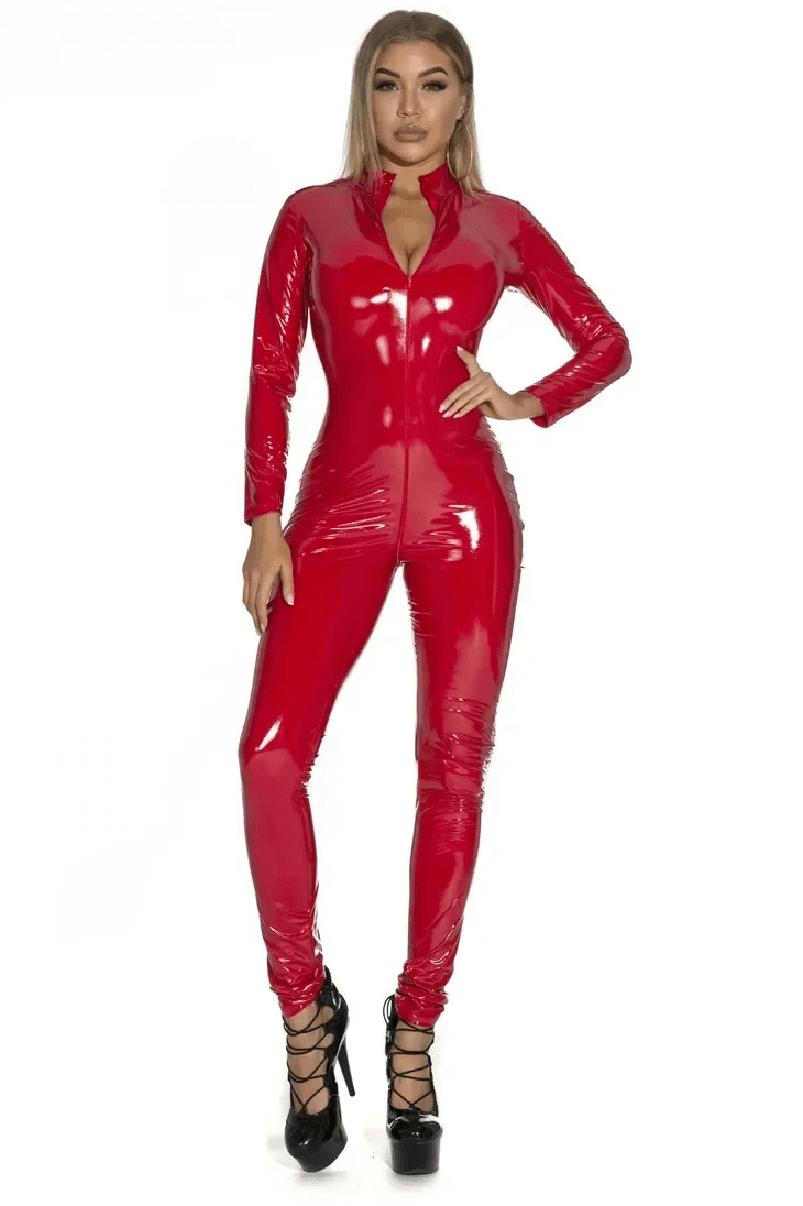 Sexy women's red shiny PU leather jumpsuit with long sleeves and zipper, perfect for fashion-forward looks.