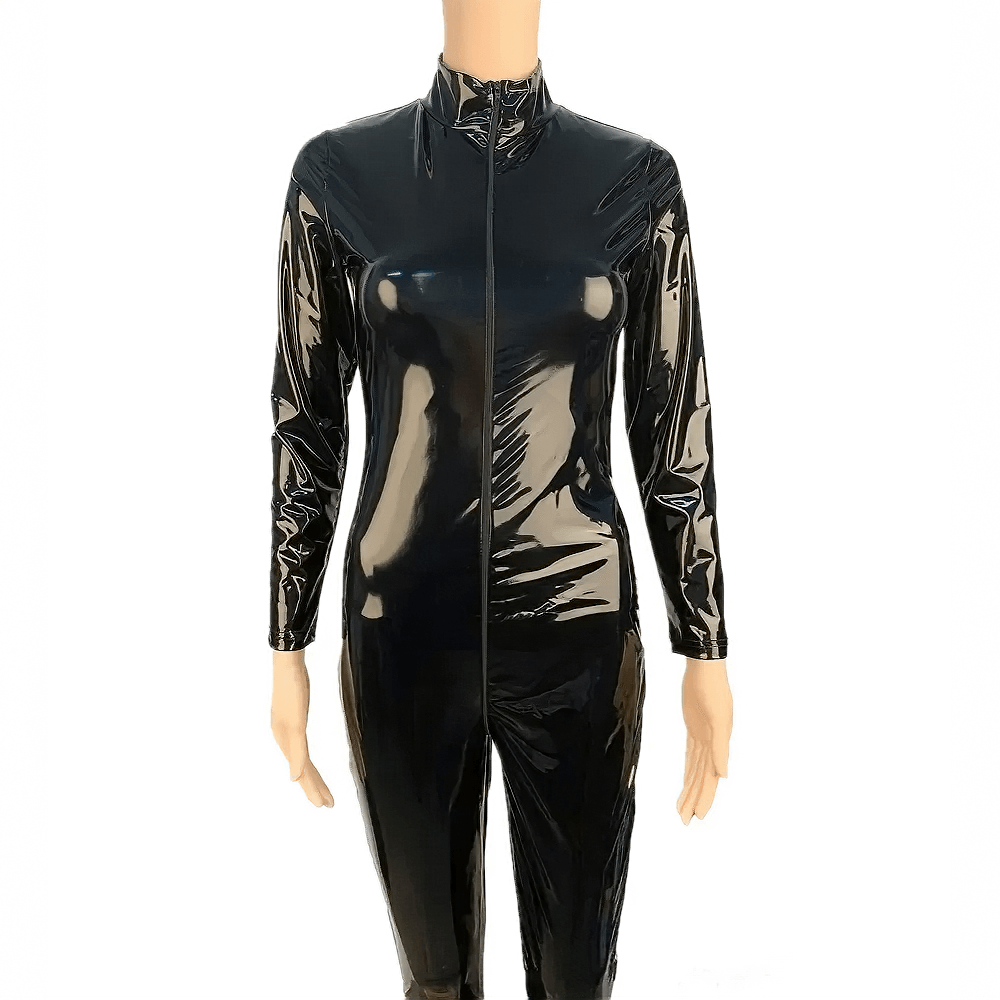 Sexy women's black shiny PU leather jumpsuit with long sleeves and zipper, form-fitting and stylish fashion.