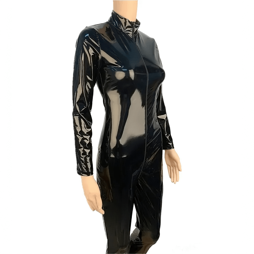 Sexy women's shiny black PU leather jumpsuit with long sleeves and zipper, perfect for making a bold fashion statement.