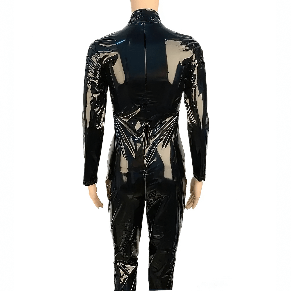 Back view of a sexy women's shiny black PU leather jumpsuit with long sleeves and a zipper.