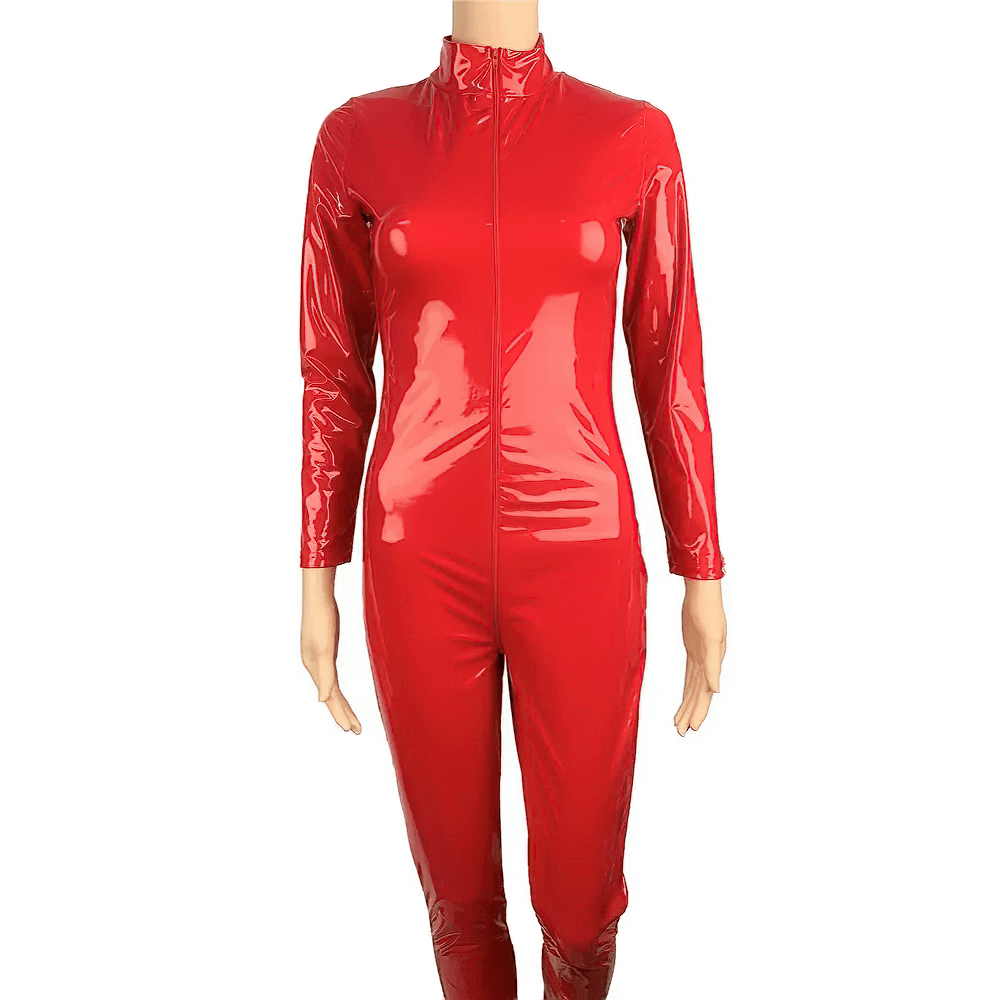 Red shiny PU leather jumpsuit with long sleeves and zipper, perfect for sexy fashion statements.