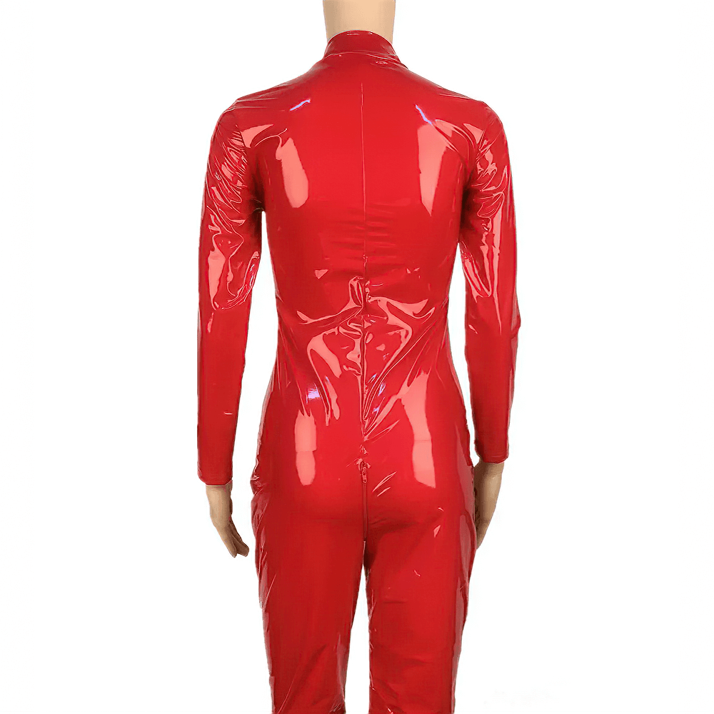 Back view of a sexy red PU leather jumpsuit for women, showcasing its shiny design and form-fitting style.