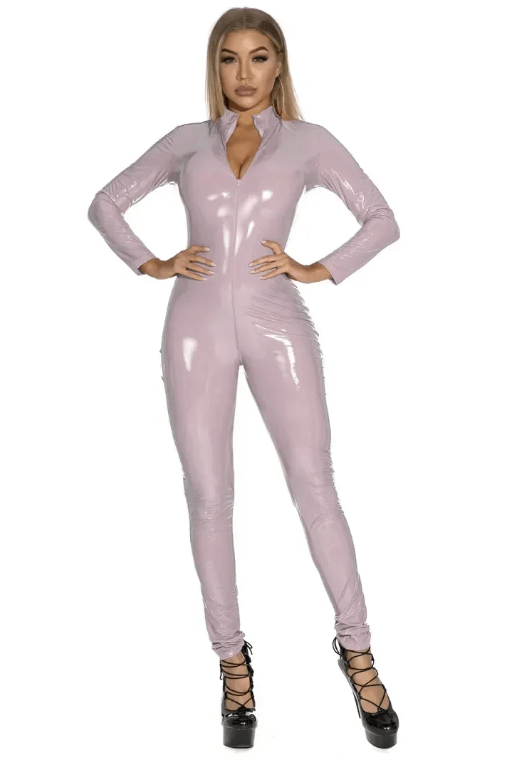 Sexy women's long sleeve shiny PU leather jumpsuit in lavender, featuring a zip front and form-fitting design.