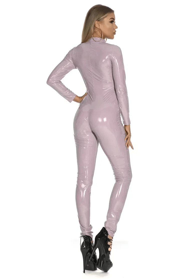 Rear view of a stylish women's shiny PU leather jumpsuit in lavender, showcasing a form-fitting silhouette and long sleeves.