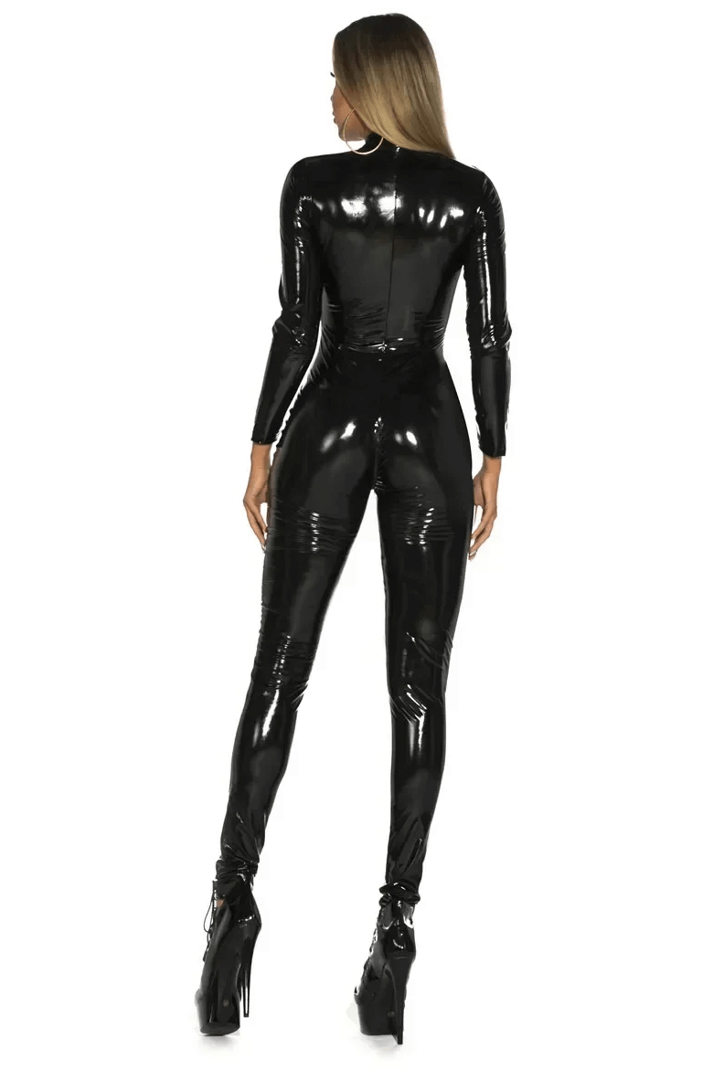 Rear view of a sexy women's shiny black PU leather jumpsuit, form-fitting with long sleeves and a sleek zipper.