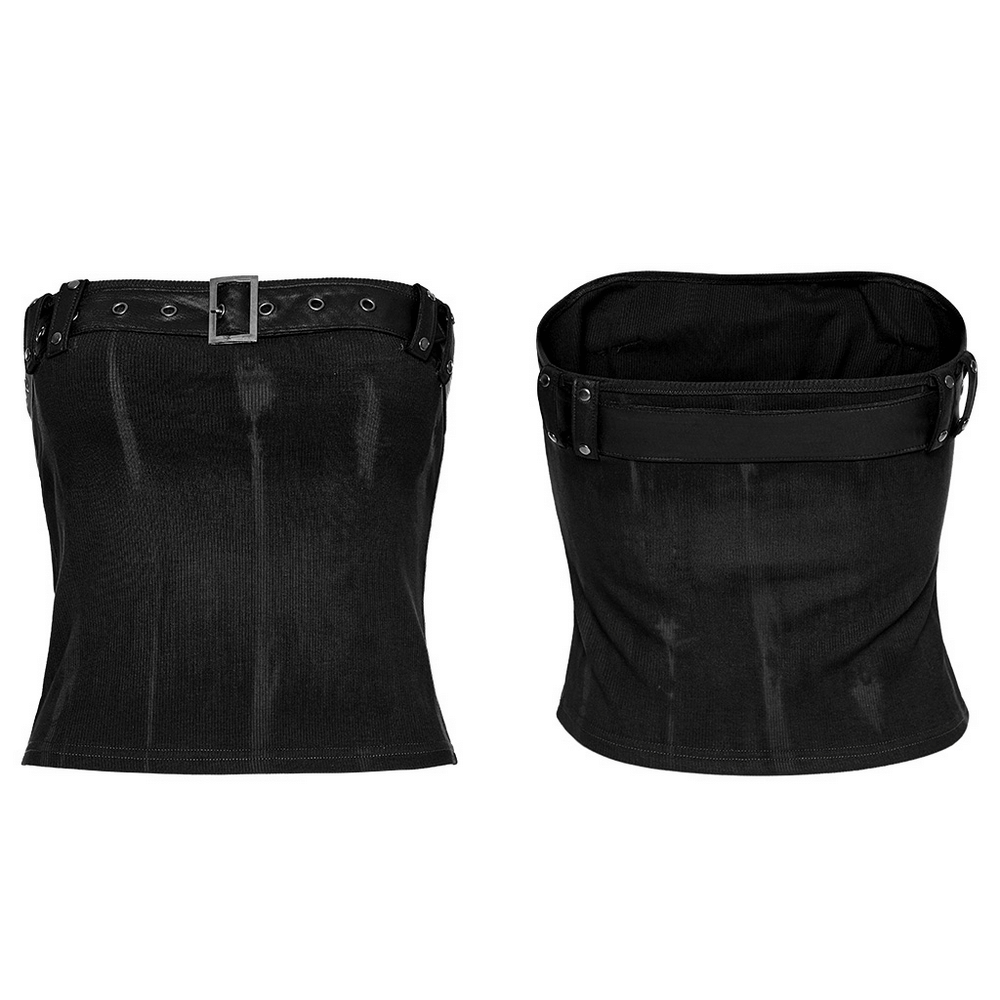 Sexy women's strapless tube top with buckle detailing and rib knit fabric, perfect for edgy outfits.