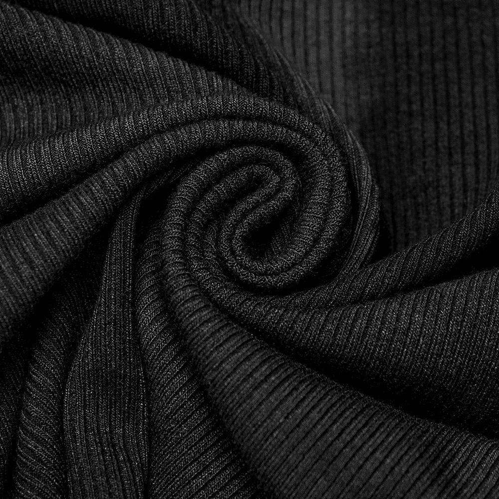 Close-up of stretchy rib knit fabric in black, perfect for a sexy strapless tube top.