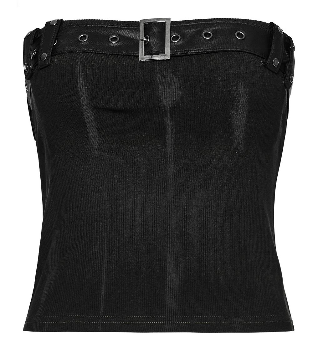 Edgy strapless tube top in black with buckle detailing, perfect for a night out and flattering on all body types.