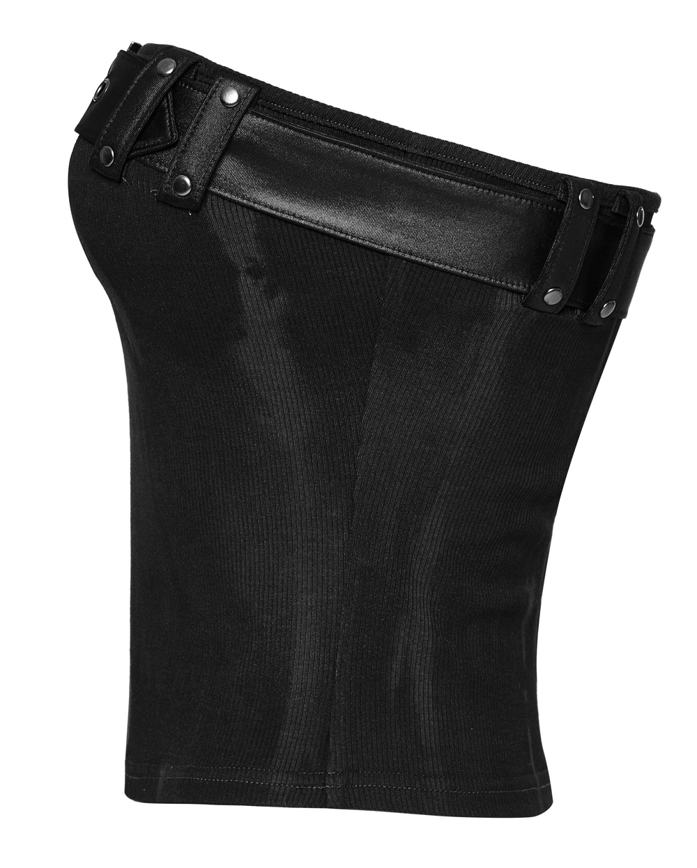 Sexy strapless tube top with adjustable buckle detailing in a sleek rib knit fabric.