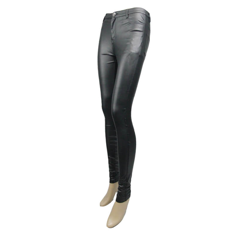 Sexy women's black PU leather pants with skull buttons, showcasing trendy punk style and form-fitting design.