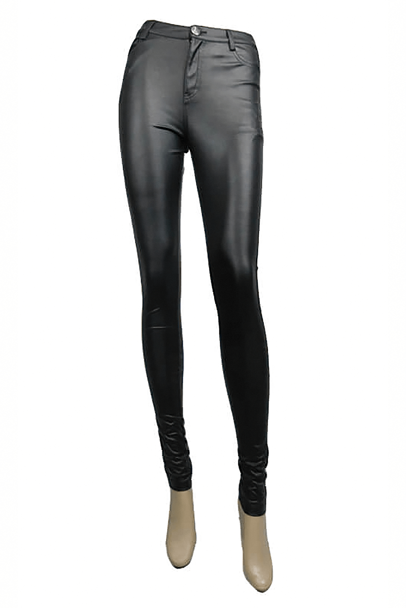Stylish women's black PU leather pants with skull button, form-fitting punk style trousers, perfect for a bold look.