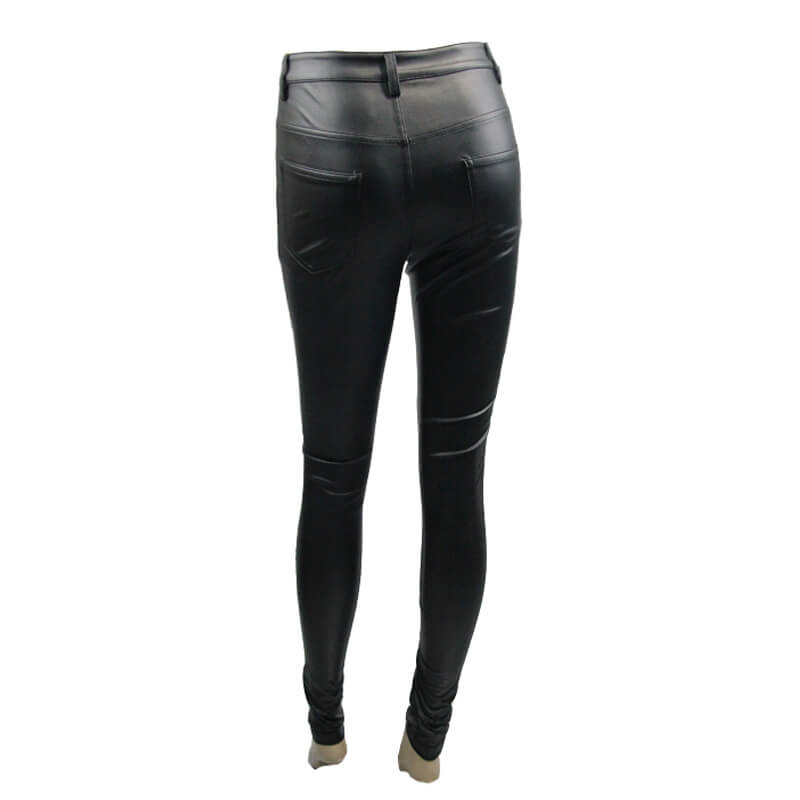 Back view of sexy women's tight black PU leather pants with form-fitting style and skull button detail.