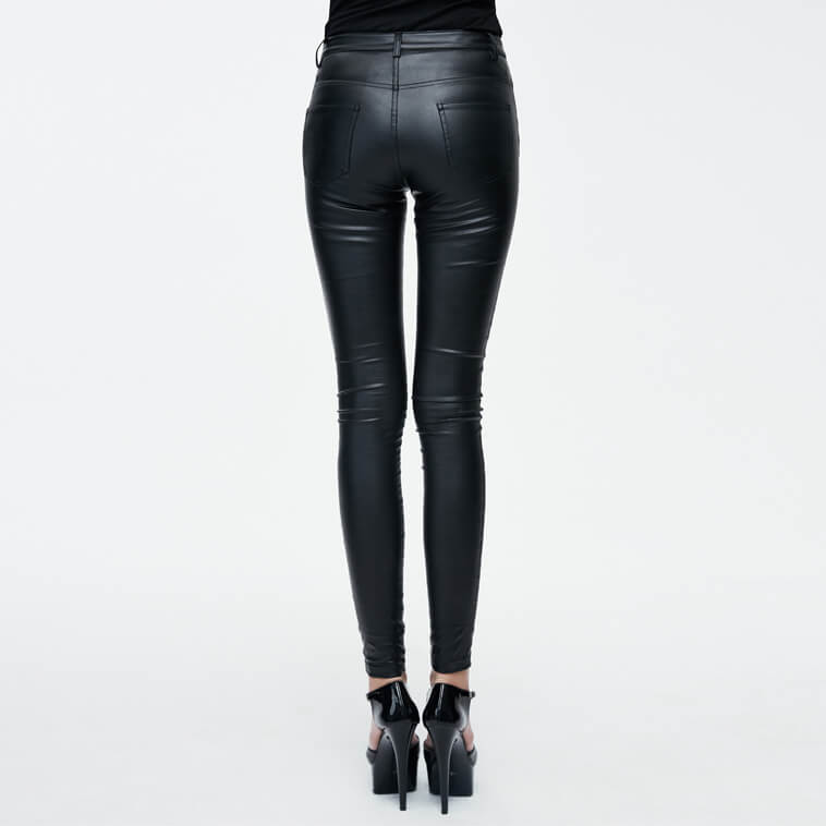Back view of sexy women's tight PU leather pants with skull buttons in punk style, showcasing a sleek silhouette.