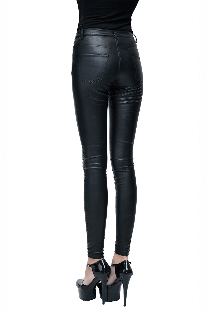 Back view of sexy women's tight black PU leather pants with skull buttons, perfect for punk style fashion.