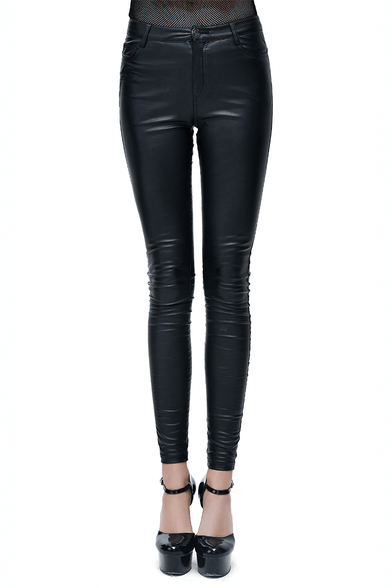 Sexy Women's Tight PU Leather Pants with Skull Buttons / Punk Style Simple Elastic Ladies Trousers - HARD'N'HEAVY