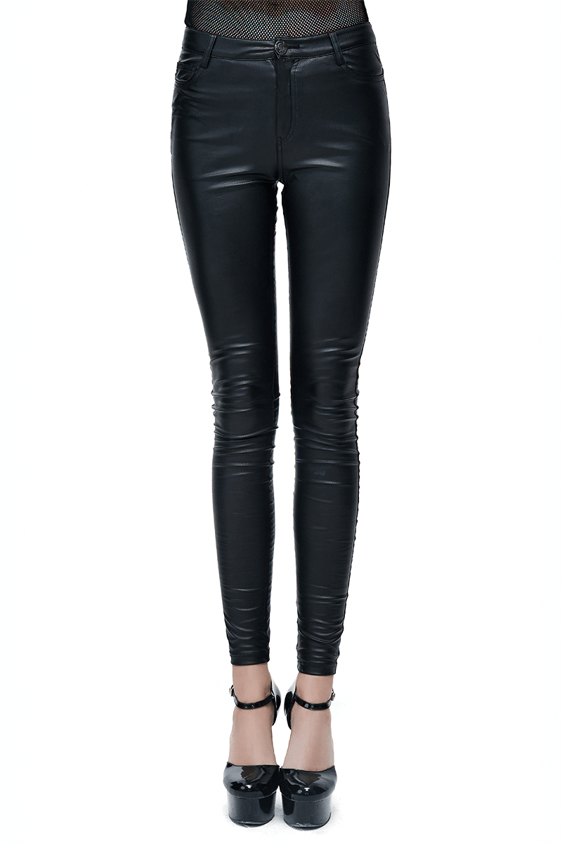 Stylish women's black PU leather pants with a tight fit and skull buttons, perfect for punk fashion enthusiasts.