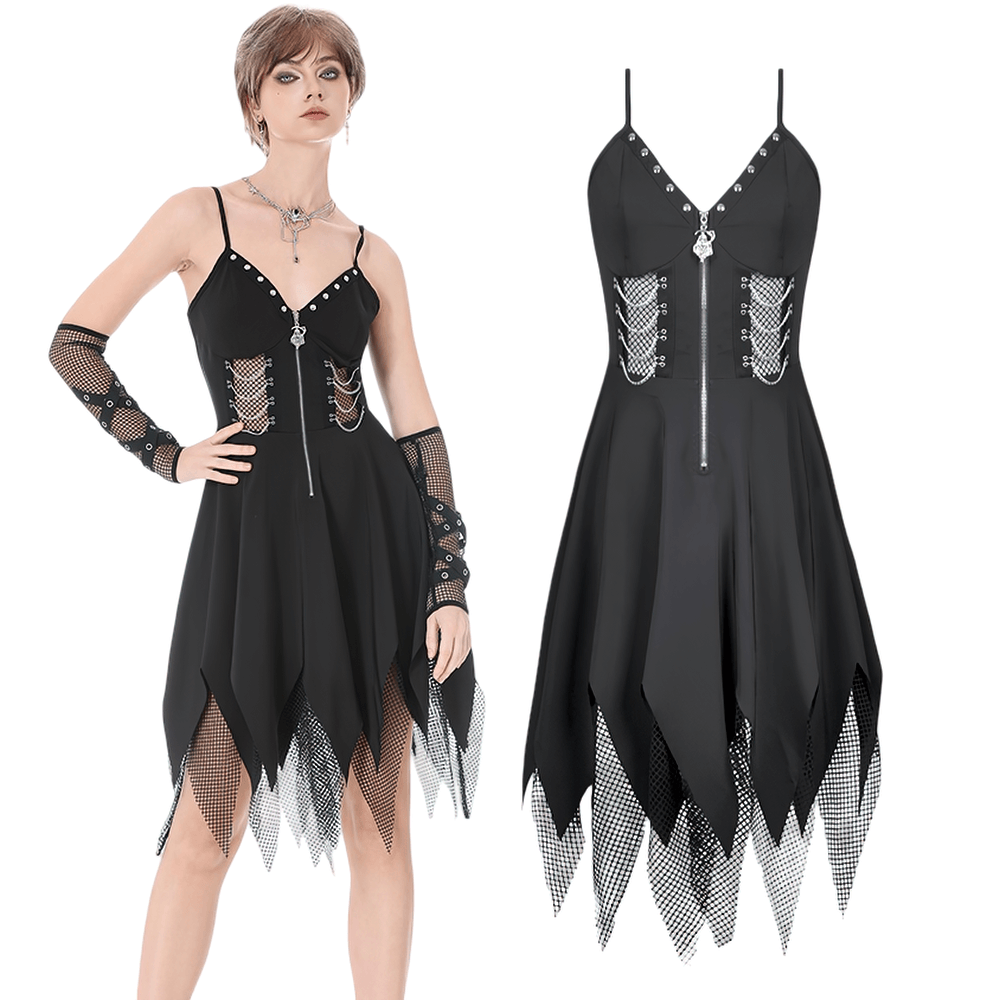 Sexy Zip Front Dress with Fishnet Jagged Hem Detail showcased on a model, perfect for gothic night outings.