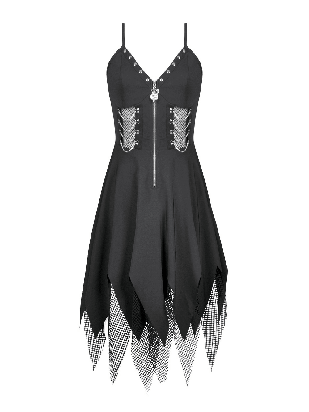Sexy Zip Front Dress with Fishnet Jagged Hem Detail