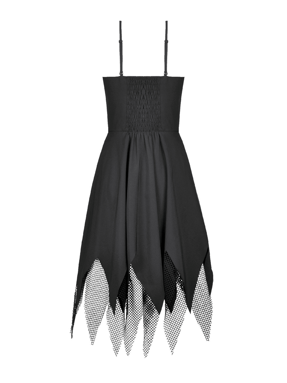 Sexy Zip Front Dress with Fishnet Jagged Hem Detail, black strap dress with mesh and jagged hem design.