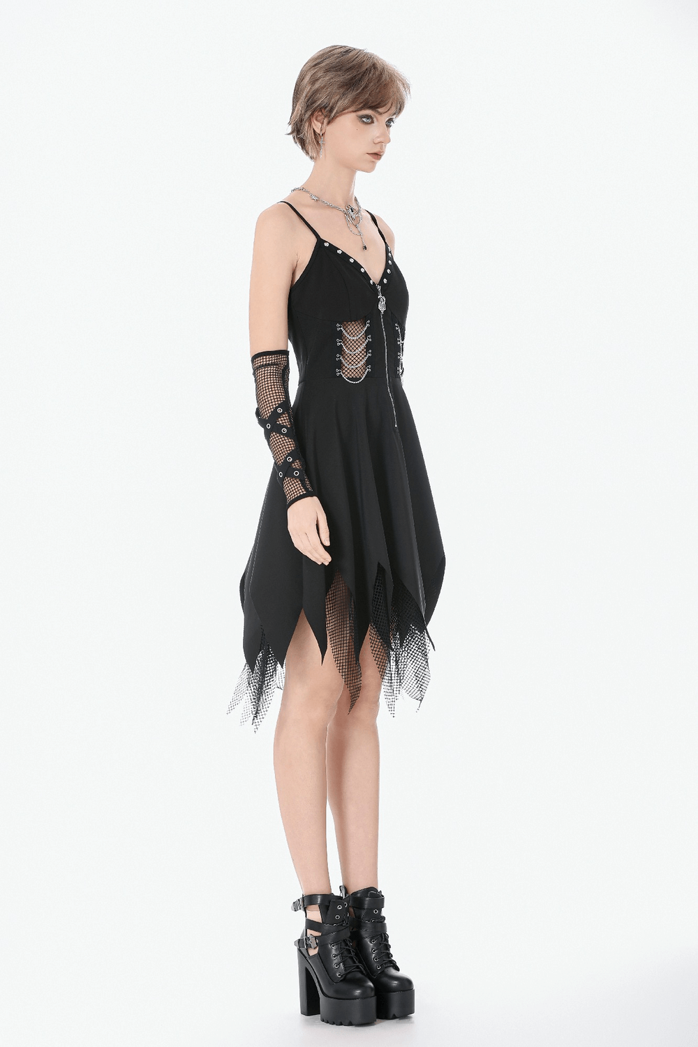 Sexy Zip Front Dress with Fishnet Jagged Hem Detail Sexy Zip Front Dress with Fishnet Jagged Hem Detail