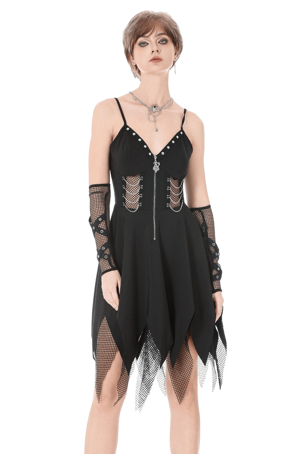 Sexy Zip Front Dress with Fishnet Jagged Hem Detail on model showcasing edgy goth style.